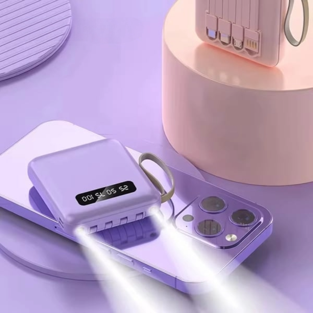 5000mAh Mini Power Bank z Wbudowanymi Kablam | + Wbudowana Latarka